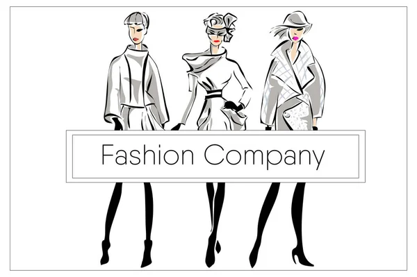 Conjunto de modelos de moda retro en blanco y negro con logo boutique vector de fondo — Vector de stock