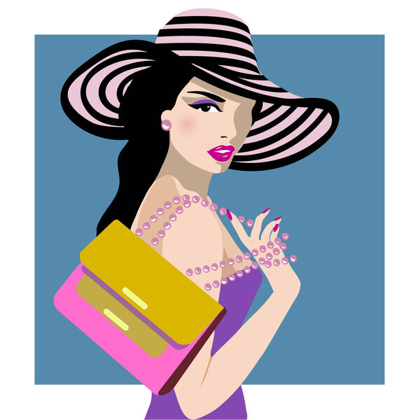Красивая женщина с широкими полями полосатой шляпы поп-арт портрет, летом взгляд векторной иллюстрации
