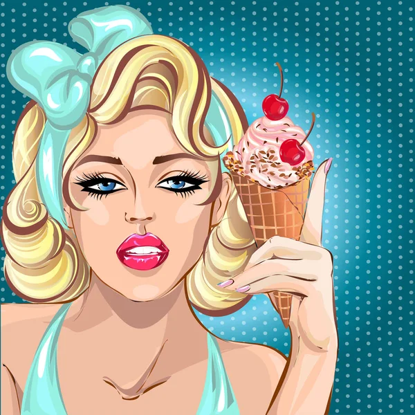 Femme blonde sexy avec crème glacée cerise, portrait de style pin up moderne, vecteur de personnage comique pop art — Image vectorielle