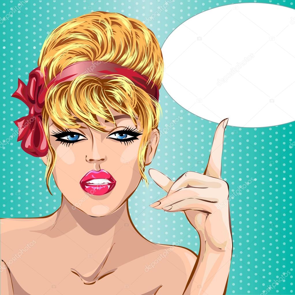 Pin up style sexy beautiful woman portrait with speech bubble, pop art comic girl looking forward vector illustration