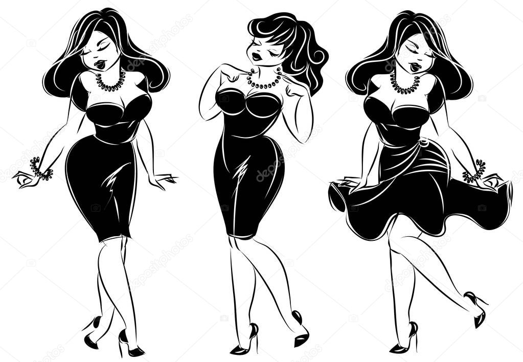 set of black and white pin-up sexy woman, hand drawn vector illustration