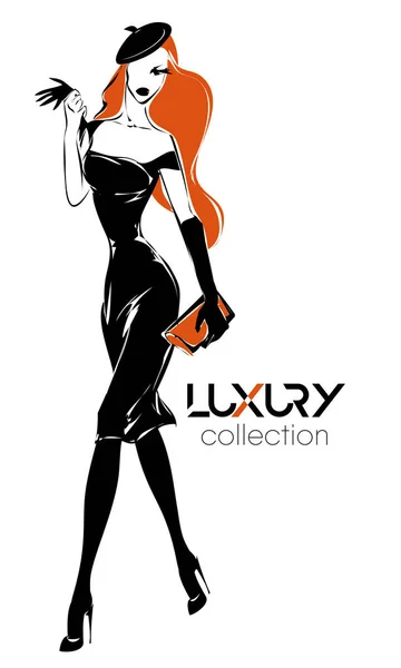 Mode silhouette femme noire et blanche, modèle rousse avec fond logo orange, vecteur — Image vectorielle