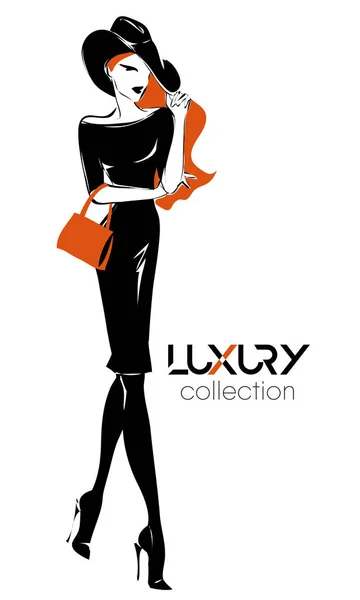 Moda silueta de mujer en blanco y negro, modelo pelirroja con fondo de logotipo naranja, vector — Vector de stock