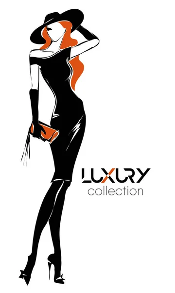 Moda silhouette donna in bianco e nero, modello rossa con sfondo logo arancione, vettore — Vettoriale Stock