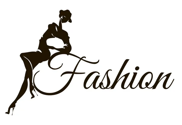 Μαύρο και άσπρο μόδα λογότυπο με γυναίκα μοντέλο σιλουέτα. Το χέρι συντάσσονται διανυσματικά εικονογράφηση — Διανυσματικό Αρχείο