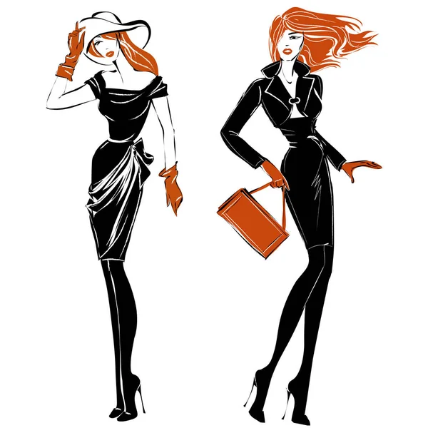 Mode Schwarz-Weiß-Silhouetten-Set für Frauen, Rotschopf-Modelle, Vektorillustration — Stockvektor
