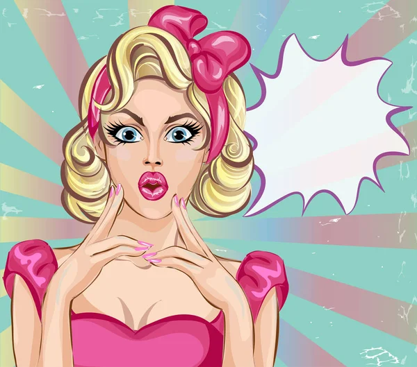Pop art comic stili sürpriz kadınla konuşma balonu, pin up kız portre, vektör çizim