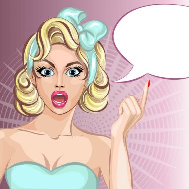 Çizgi roman tarzı sürpriz kadın konuşma balonu, pop art kız portre, vektör çizim ile pin