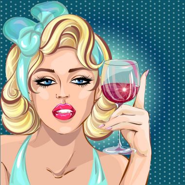 PIN içme şarap, pop art kız portre, seksi sarışın kadın kutlamak bakmak vektör çizim
