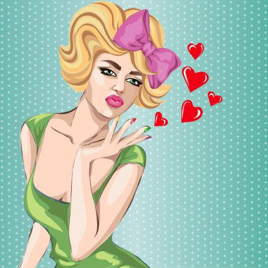Sevgililer günü Pin-up seksi kadın portre kalp ile. Pop Art vektör çizim