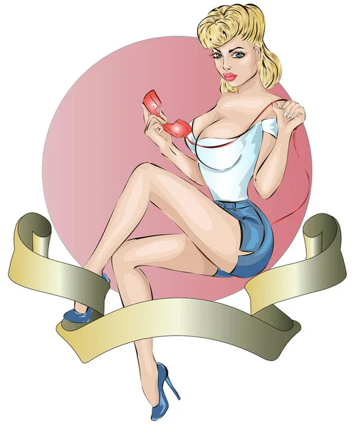Sexy Pin-up-Frau nimmt einen Anruf entgegen. Vektor Pop Art Comic Retro-Stil Illustration — Stockvektor