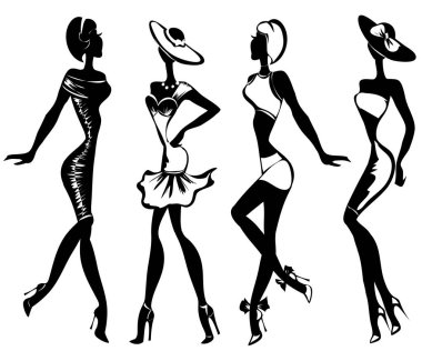 Siyah ve beyaz retro moda model siluet. Çizilmiş vektör çizim el