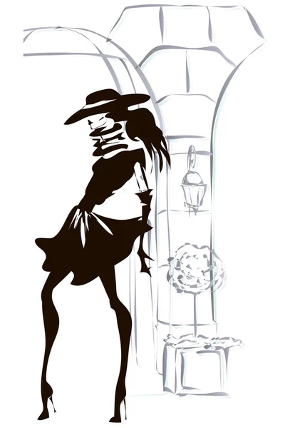 Estilo de boceto de silueta modelo de moda en blanco y negro con fondo de ciudad. Ilustración vectorial dibujada a mano — Vector de stock