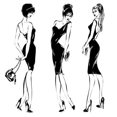 Siyah ve beyaz retro seti, moda modelleri siluet kroki tarzı. Çizilmiş vektör çizim el