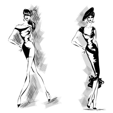 Siyah ve beyaz retro moda modelleri siluet kroki Stil kümesi. Çizilmiş vektör çizim el