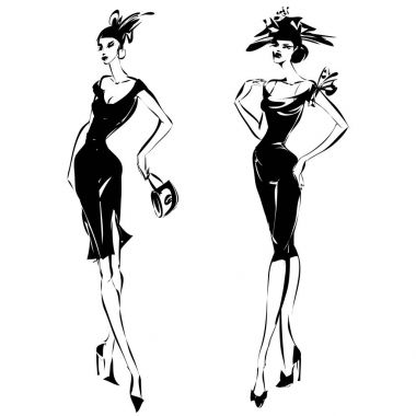 Siyah ve beyaz retro moda modelleri siluet kroki Stil kümesi. Çizilmiş vektör çizim el