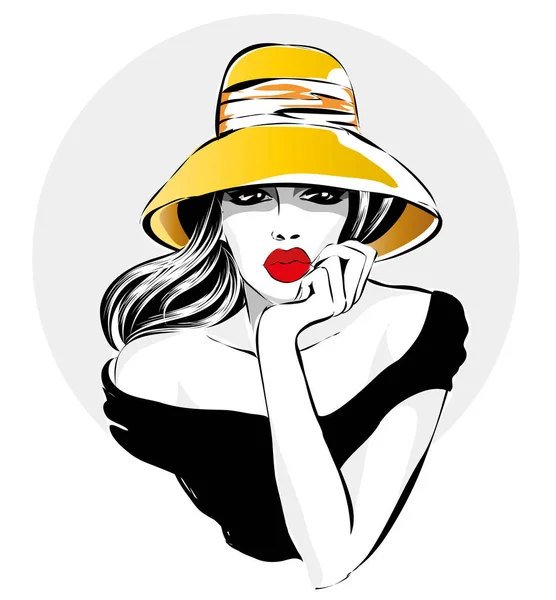 Retro retrato de mujer de moda en blanco y negro, hermosa chica sombrero amarillo, labios rojos, se ve aburrido, ilustración vectorial dibujado a mano — Vector de stock