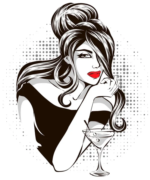 Retro preto e branco estilo de moda morena mulher retrato com martini, menina bonita na festa das senhoras, lábios vermelhos, vetor ilustração pop art — Vetor de Stock