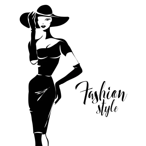 Modello di moda retrò in bianco e nero stile schizzo silhouette. Illustrazione del vettore disegnato a mano — Vettoriale Stock