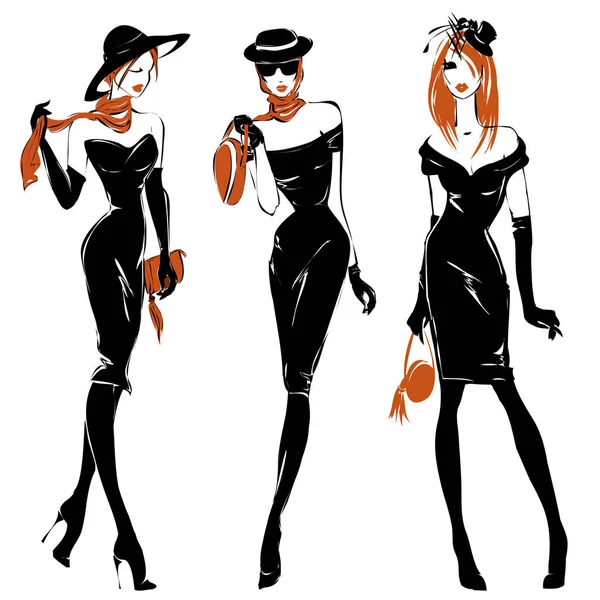 Conjunto de silueta de mujer en blanco y negro de moda, modelos pelirrojas, ilustración vectorial — Vector de stock