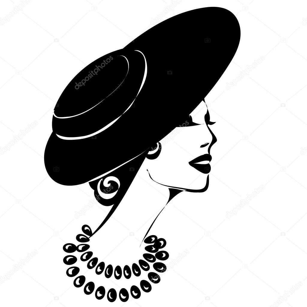 Black and white fashion woman portrait, retro style girl with hat and necklace accessory, hand drawn vector illustration