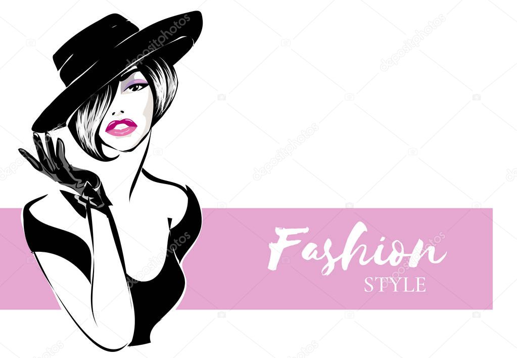 Black and white retro fashion woman portrait with pink background. Model silhouette sketch style hand drawn vector