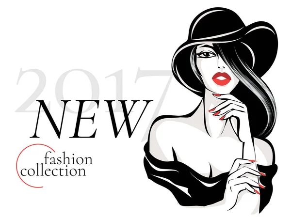 Bianco e nero nuova raccolta di moda pubblicità con bella donna modello ritratto, vamp stile bruna, labbra rosse, disegnato a mano vettore illustrazione — Vettoriale Stock