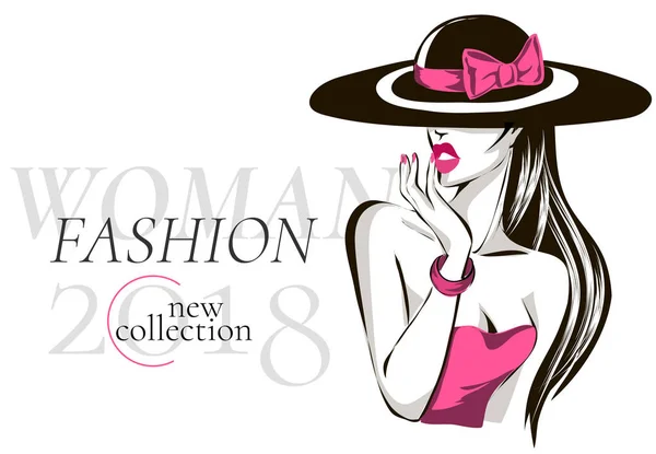 Zwart-wit nieuwe mode collectie advertentie met mooie vrouw model portret, roze jurk en accessoires, hand getrokken vectorillustratie — Stockvector