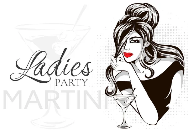 Retro siyah beyaz moda stil esmer kadın portre ile martini, bayanlar parti, kırmızı dudaklar, elle çizilmiş vektör çizim pop güzel kız — Stok Vektör