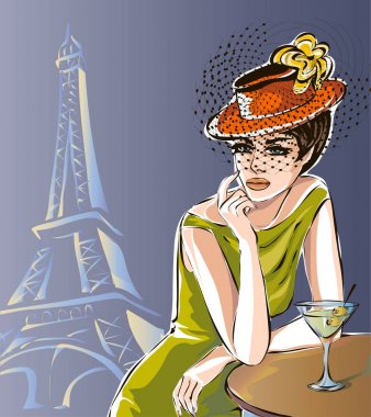 Paris şehri yakınındaki Eyfel Kulesi vektör martini içki ile sokak kafede oturan güzel kadın