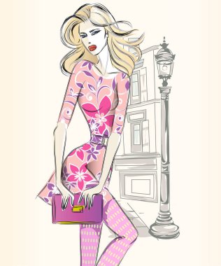 Genç güzel seksi kadın moda kroki tarzı. Sokak tarzı kız şehir arka plan vektör ile pembe elbise