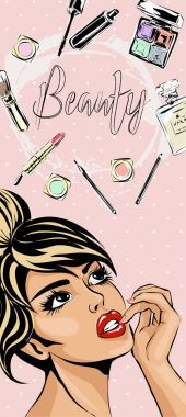 Güzel pin-up tarzı açık gözler için makyaj güzellik ürünleri hakkında rüya seksi kadınla. Güzellik ve moda endüstrisi reklam dikey afiş vektör