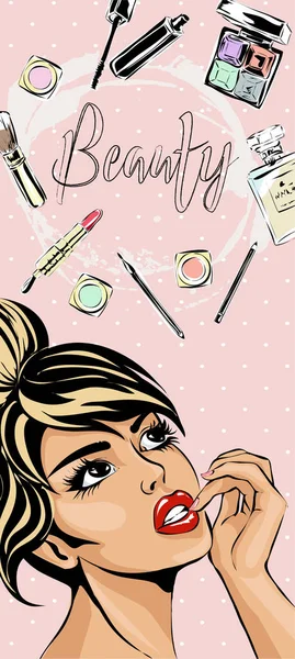 Güzel pin-up tarzı açık gözler için makyaj güzellik ürünleri hakkında rüya seksi kadınla. Güzellik ve moda endüstrisi reklam dikey afiş vektör