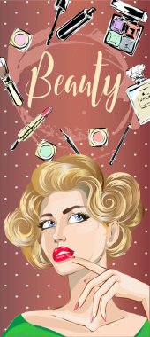 Güzel pin-up tarzı seksi kadın güzellik ürünleri için makyaj görebilirim. Güzellik ve moda endüstrisi reklam dikey afiş, pop art kız yüzünü illüstrasyon vektör