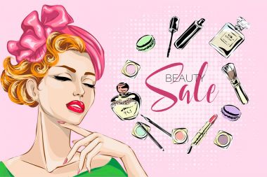 Güzel pin-up tarzı yakın gözler için makyaj güzellik ürünleri hakkında rüya seksi kadınla. Güzellik ve moda endüstrisi reklam afişi illüstrasyon vektör