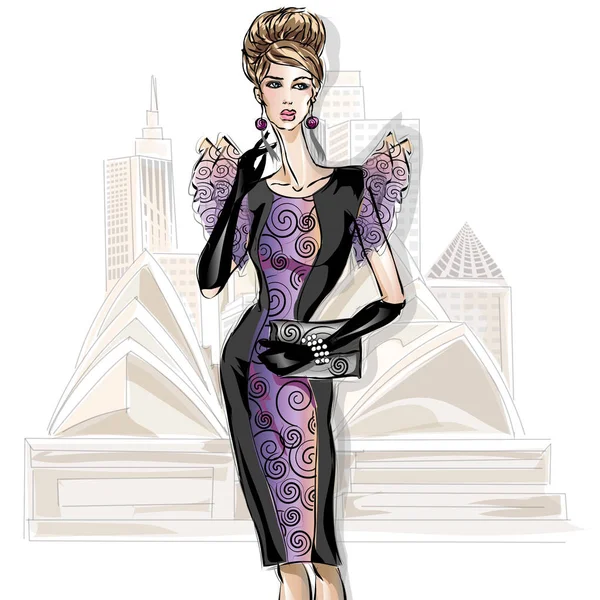 Junge schöne sexy Frau in Mode-Sketch-Stil. eleganten Stil Mädchen tragen Cocktailkleid bei der Stadt Hintergrund Vektor Illustration — Stockvektor