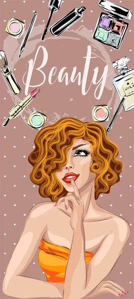 Όμορφο στυλ pin-up σέξι γυναίκα με τα κόκκινα μαλλιά που ονειρεύεται ομορφιά προϊόντα για το μακιγιάζ. Ομορφιά και τη μόδα βιομηχανία διαφήμιση κατακόρυφοs σημαία εικονογράφηση διάνυσμα — Διανυσματικό Αρχείο