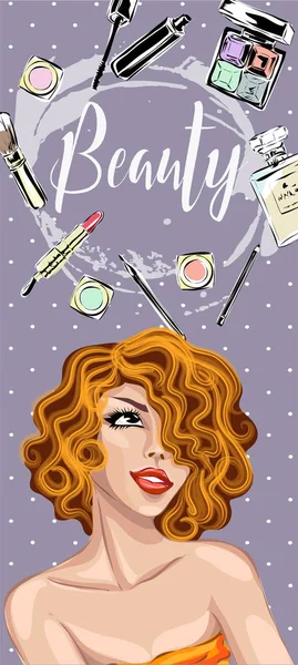 Hermosa mujer sexy estilo pin-up con el pelo rojo soñando con productos de belleza para el maquillaje. Belleza y moda industria publicidad vertical banner vector ilustración — Vector de stock