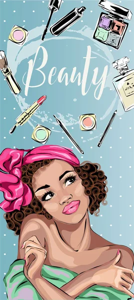 Güzel pin-up tarzı seksi kadın Kızıl saçlı güzellik ürünleri için makyaj görebilirim. Güzellik ve moda endüstrisi reklam dikey afiş, pop art kız yüzünü illüstrasyon vektör