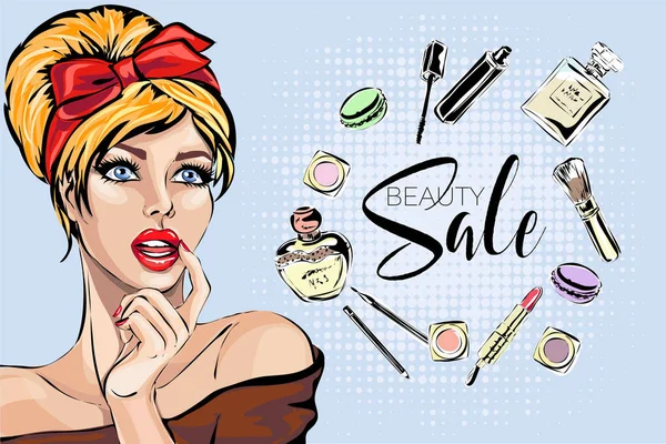 Güzel pin-up tarzı seksi kadın Kızıl saçlı güzellik ürünleri için makyaj görebilirim. Güzellik ve moda endüstrisi dikey afiş vektör çizim reklam