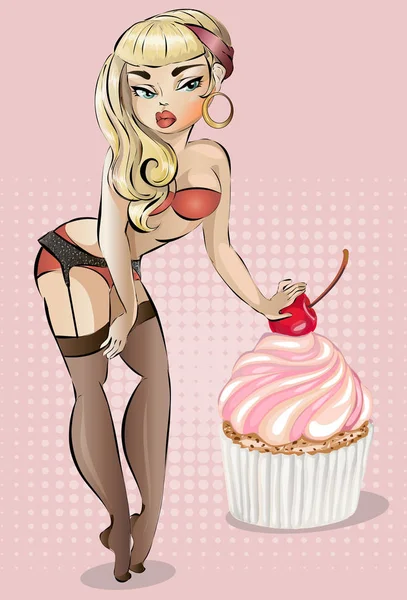 Pin up estilo de dibujos animados personaje sexy mujer con ropa interior erótica está manchando cerca de cupcake grande con ilustración de vectores de cereza — Vector de stock