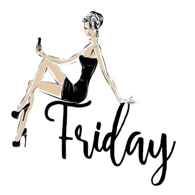 Siyah ve beyaz moda kadın model siluet Cuma partisinde. Vektör çizim kroki tarzı el çekilmiş