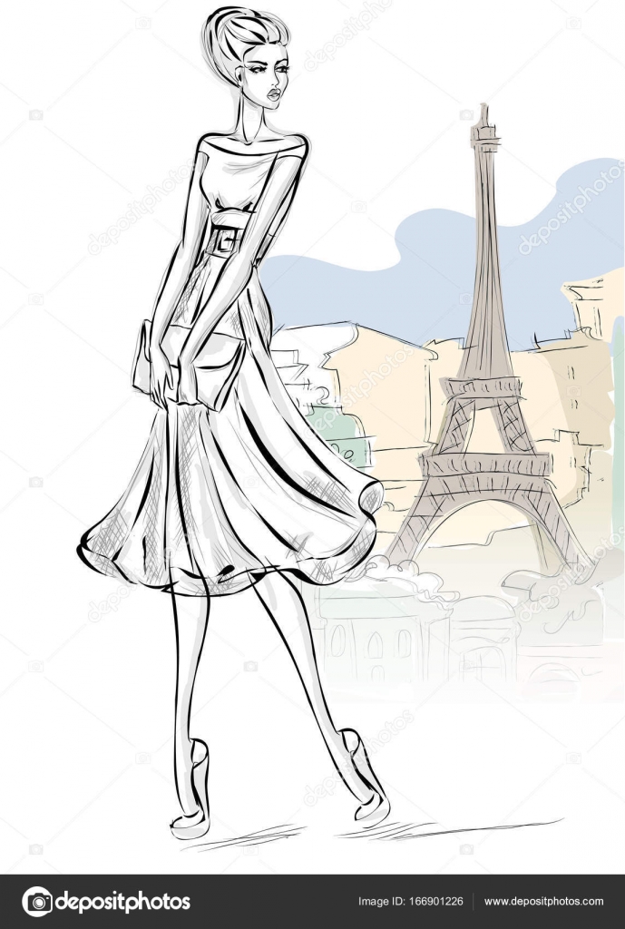 Sketch style fashion woman near Eiffel tower in Paris, beautiful girl at  city background vector illustration Stock Vector Image by ©SofiaPink  #166901226