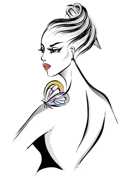 Belle femme noire et blanche avec papillon, portrait de profil de modèle, salon de coiffure, illustration vectorielle dessinée à la main — Image vectorielle