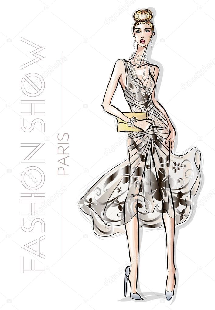 Fashion show in Paris advertising card with young beautiful sexy woman sketch style vector illustratio
