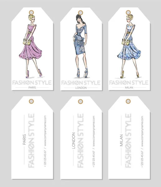 Set di etichette di moda con donne pazienti in stile schizzo, Parigi, Londra, biglietto da visita di Milano, illustrazione vettoriale disegnata a mano delle ragazze di bellezza — Vettoriale Stock