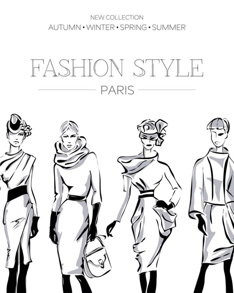 Mode reklam broschyr med uppsättning av svarta och vita vackra kvinnor modeller, Paris visitkort, skönhet flickor handritad vektorillustration — Stock vektor