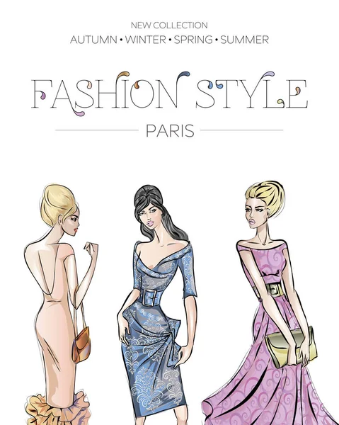 Folleto de publicidad de moda con conjunto de hermosos modelos de mujeres, tarjeta de visita de París, ilustración vectorial dibujada a mano de las muchachas de belleza — Archivo Imágenes Vectoriales