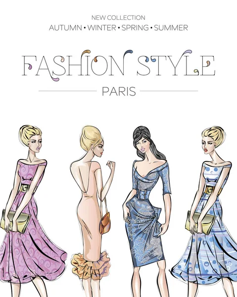 Divat reklám kiadvány a csoportja gyönyörű nők modellek, Párizs üzleti kártya, szépség lány kézzel rajzolt vektoros illusztráció — Stock Vector