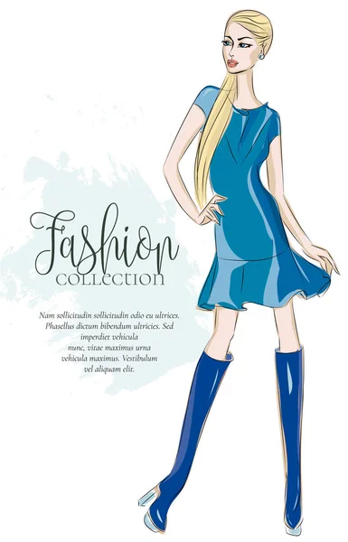 Fashion meisje draagt blauwe jurk, stijl vrouw model met tekst sjabloon sketch, vector illustratie — Stockvector